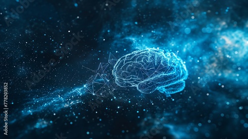 A brain with AI integration depicted as a celestial map where circuits and neural pathways are marked as routes between stars highlighting the fusion of technology and consciousness