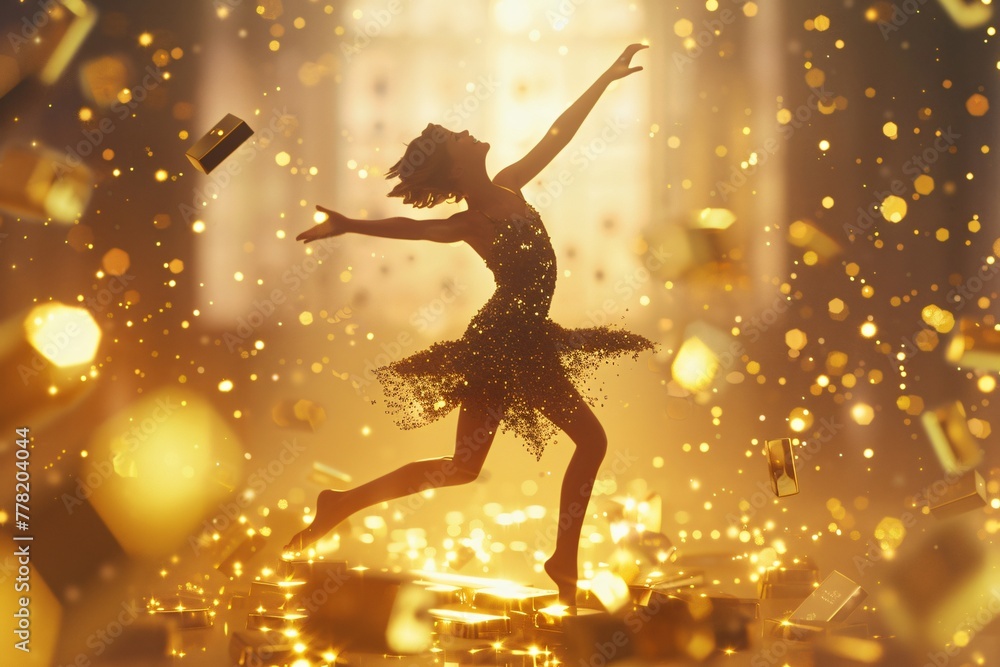 A joyful dance in a room filled with gold bars each step kicking up a glint of gold dust reflecting the persons overwhelming happiness