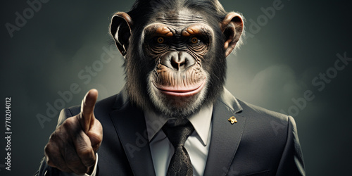 portrait of a monkey in business suit with thump up, in the style of photobashing сreated with Generative Ai photo