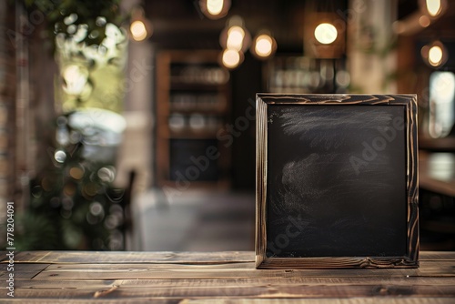 Black and empty chalkboard standing on wooden table over blur restaurant, Space for text, product display.