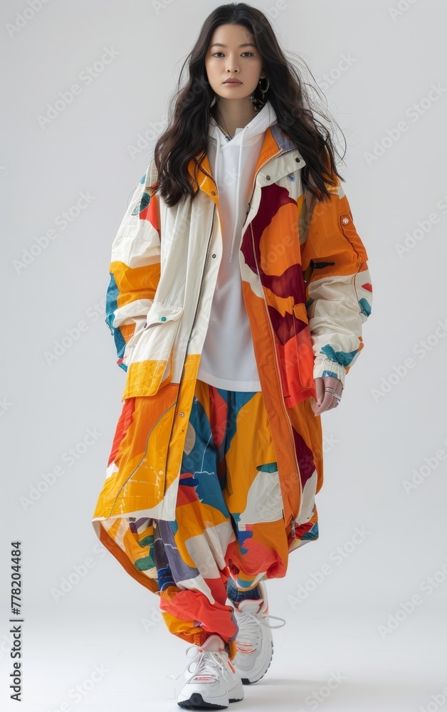 Fashionable Woman in Abstract Patterned Coat and Pants. Fashionable Woman in Abstract Patterned Coat and Pants.