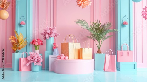 A visually captivating 3D-rendered promotional sale scene featuring a pastel-colored podium surrounded by an array of surprise gift boxes and fashionable shopping bags,creating a minimalist yet