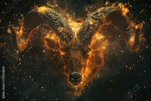 Aries fiery spirit captured in celestial art horns ablaze amidst the stars