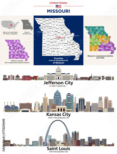 Missouri counties map and congressional districts since 2023 map. Jefferson City (state's capital city), Kansas City and St. Louis(state's most populous cities) skylines. Vector set