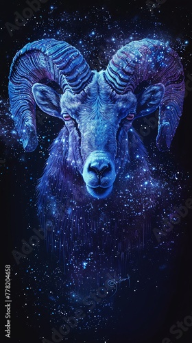Aries outlined in bioluminescent stars its horns glowing with the fire of life