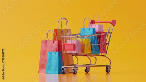This vibrant 3D rendered image depicts a shopping cart emerging from a smartphone screen,filled with a variety of colorful shopping bags The scene symbolizes the ease and convenience of online