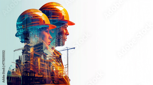 illustration digital building construction engineering with double exposure graphic design. Building engineers, architect people or construction workers working with modern civil equipment technology