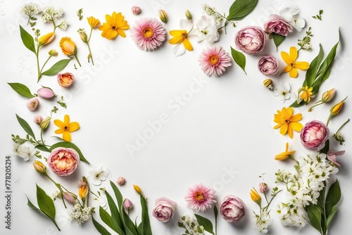 Flowers composition. Frame made of spring flowers on white background. Flat lay  top view  copy space. AI generated