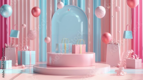 Wallpaper Mural 3D-rendered pastel stage podium surrounded by floating gift boxes and shopping bags in a soft,celebratory atmosphere,creating a visually stunning and inviting setting for a sale event or product Torontodigital.ca
