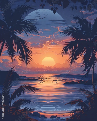 A chill summer yoga retreat poster with serene beach and palm tree silhouettes against a tranquil dawn sky © Thanapipat