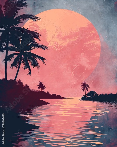 A chill summer yoga retreat poster with serene beach and palm tree silhouettes against a tranquil dawn sky