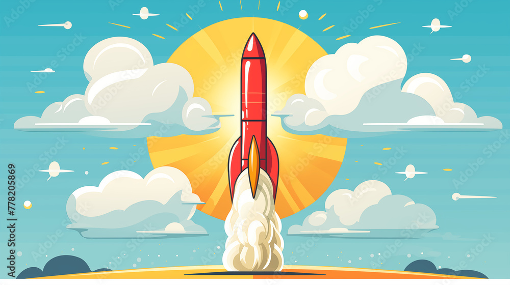 Bright Cartoon Rocket Launching with Sunshine and Clouds Background