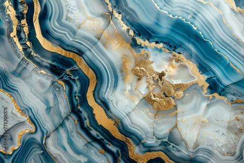 Luxurious textures of blue marble agate dusted with gold the vivid patterns leading into a clean copy space area photo