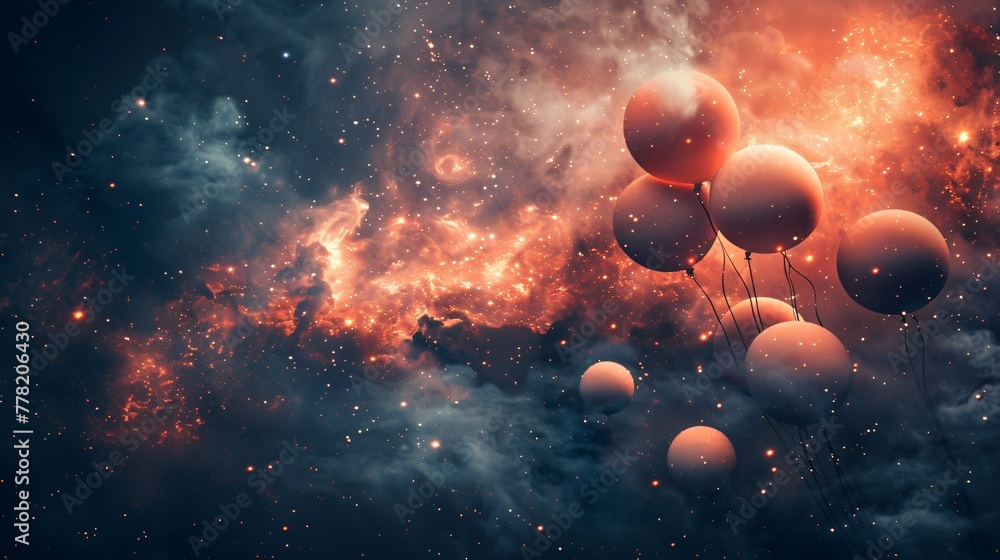 Surreal scene of balloons floating through a starfield illuminating the darkness with their soft bioluminescent glow a contrast of simplicity and infinity