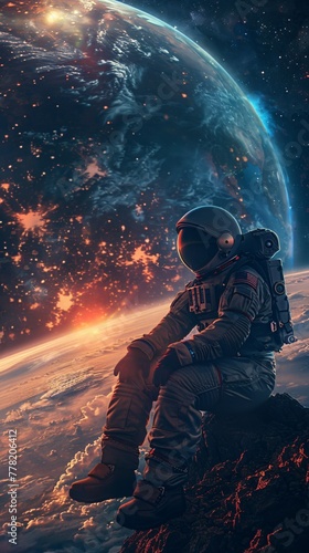 Solitary astronaut gazing at Earth from afar enveloped in the silence of the universe photo