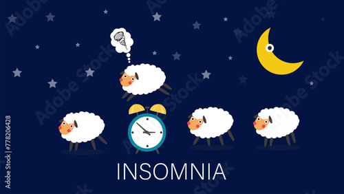Sheep jumping over clock on night background. Insomnia, sleep disorder, sleeplessness, dream, trying to sleep, counting the sheep concept.