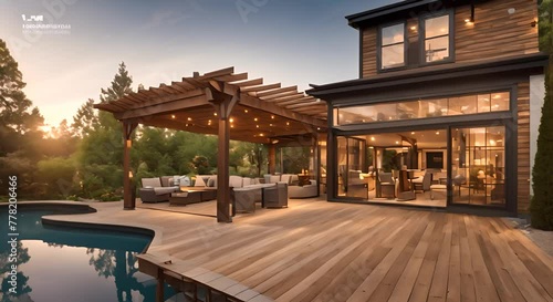 Back yard house exterior with spacious wooden deck with patio area and attached pergola photo