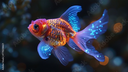 The transformation of an ordinary goldfish into a bioluminescent creature its scales beginning to glow one by one until it becomes a beacon in the water