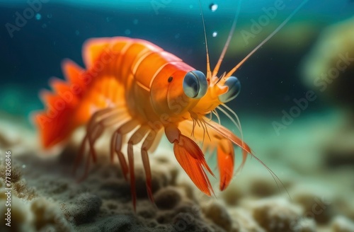 shrimp smiling swims underwater. Wild aquatic animal