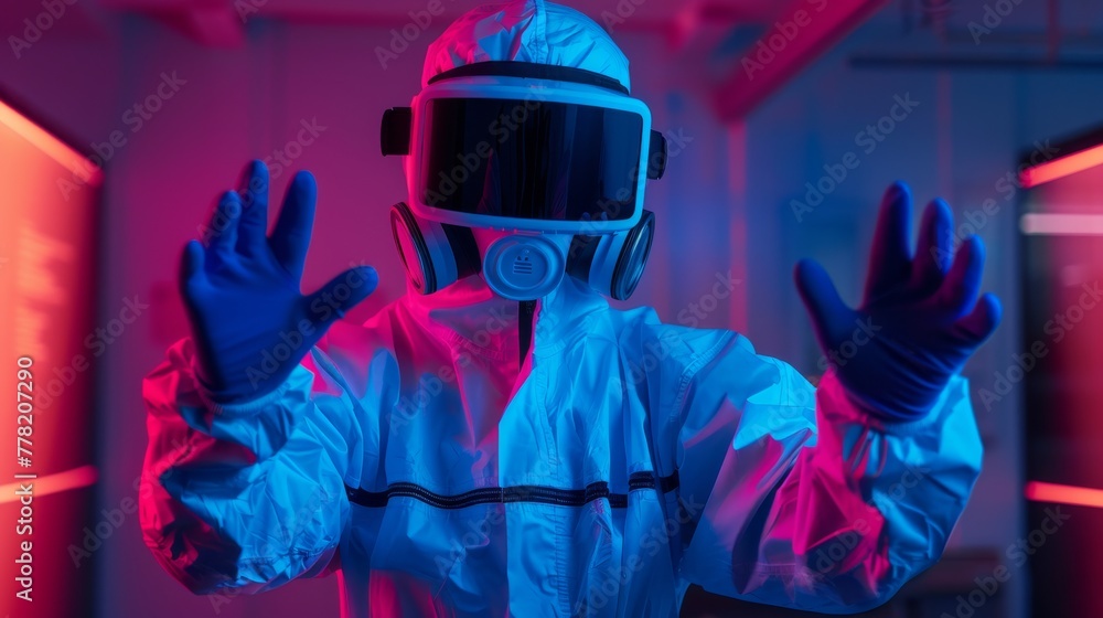 A person in a protective suit and virtual reality headset gestures with hands in a high-tech room. A person in a protective suit and virtual reality headset gestures with hands in a high-tech room.