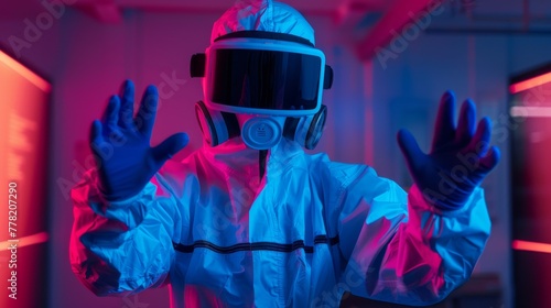 A person in a protective suit and virtual reality headset gestures with hands in a high-tech room.