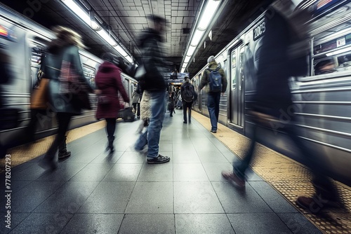 Blurred motion of busy commuters at a subway platform, conveying urban hustle and the concept of city life.