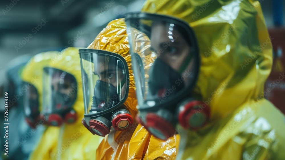 A row of scientists in yellow hazmat suits with clear face masks and red respirator filters in a blurred setting.