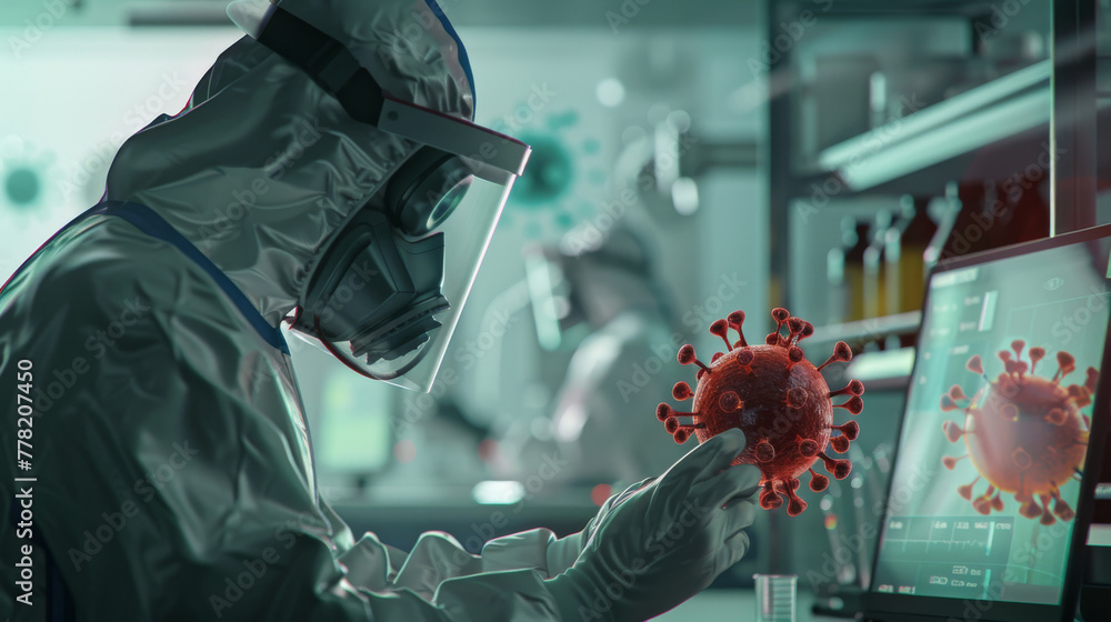 Obraz premium A person in a protective suit examines a 3D virus model on a screen in a high-tech lab environment.