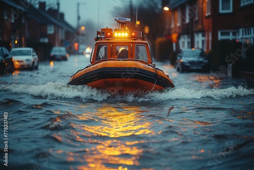 Emergency Flood Rescue Boat Visual of a rescue boat navigating flooded streets to assist residents