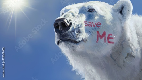 A polar bear against a blue sky with the text "Save Me" as a plea for environmental conservation.