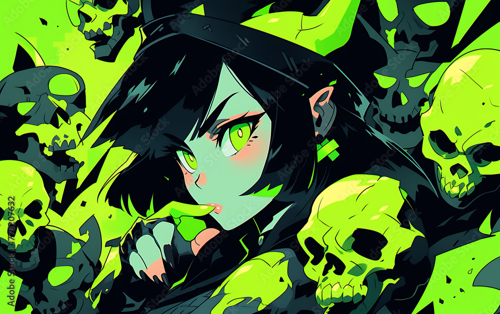 Cyberpunk anime girl Crazy zombie woman digital painting. demon woman evil dark Halloween theme. generative ai Cyberpunk anime girl Crazy zombie woman digital painting. demon woman evil dark Halloween theme. generative ai