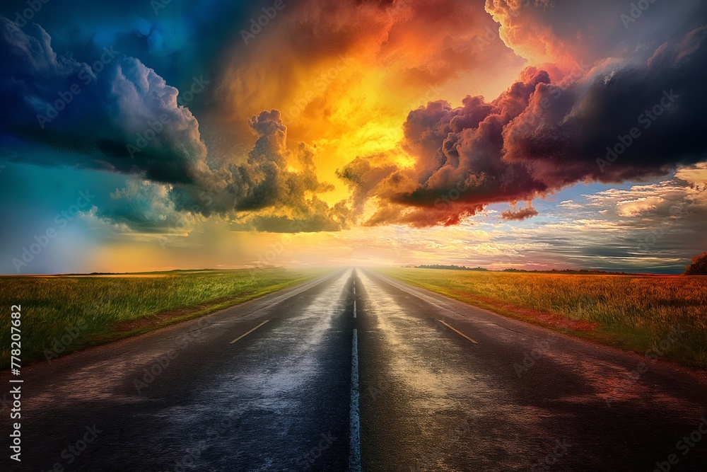 A vivid sunset with stormy clouds over a straight road leading towards the horizon.