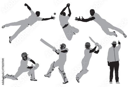 A collection of vector illustrations of cricket players fielding and batting and an umpire in black and white photo