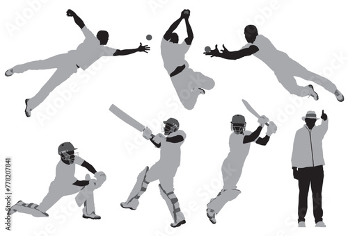 A collection of vector illustrations of cricket players fielding and batting and an umpire in black and white