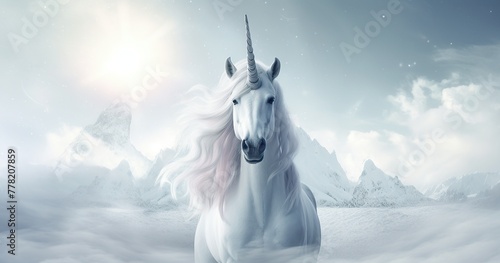 Sci-fi fantasy photography  beautirful white unicorn facing camera  minimalistic background