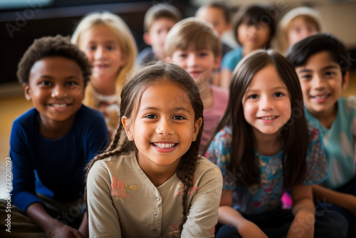 Happy group of diverse kids in school