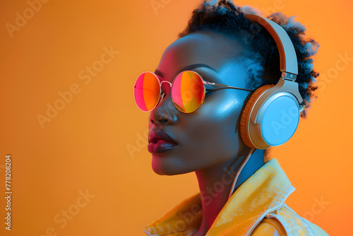 A woman in orange sunglasses and headphones enjoying music
