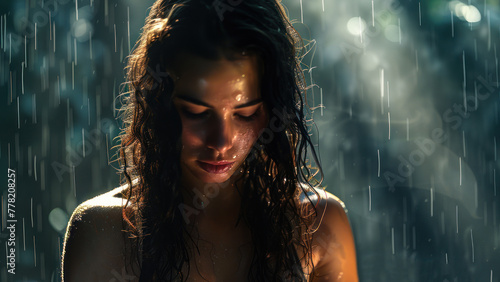 Serene Woman in the Rain with Glowing Backlight.