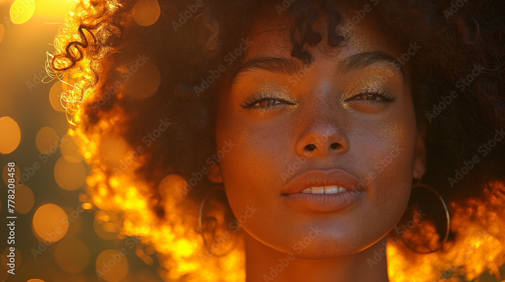 Sunny day. Narrowed black woman with curly hair and sunlights on her hair is outdoors. Natural woman beauty concept. Selective focus. 