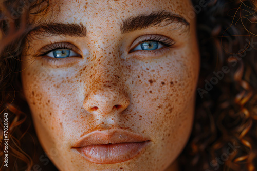 Intense Gaze of a Woman with Blue Eyes and Freckles.