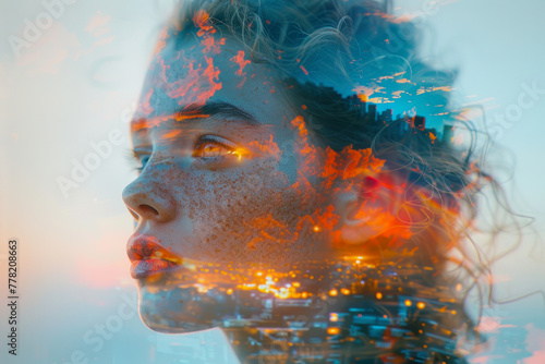 Double Exposure Portrait of Woman with Cityscape.