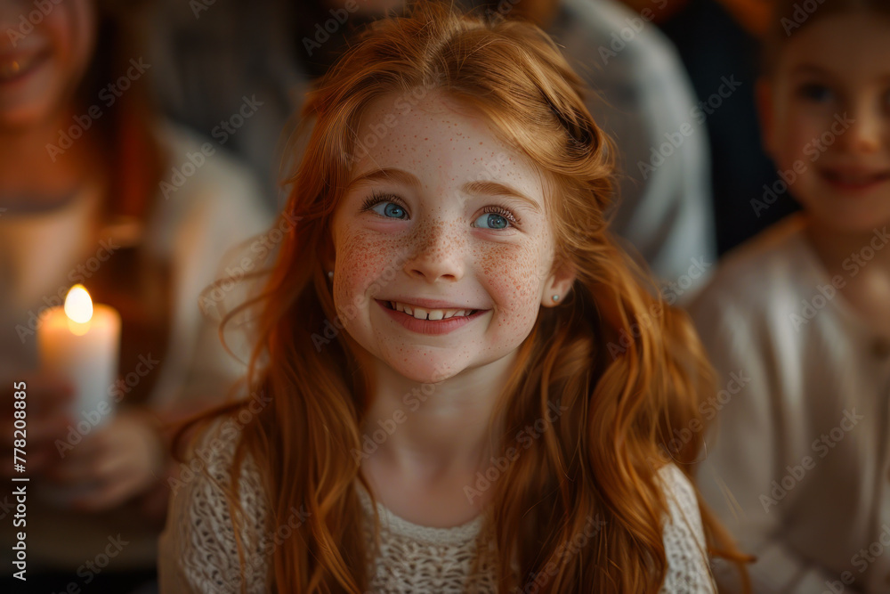 Obraz premium Joyful Red-Haired Girl Celebrating with Candle.