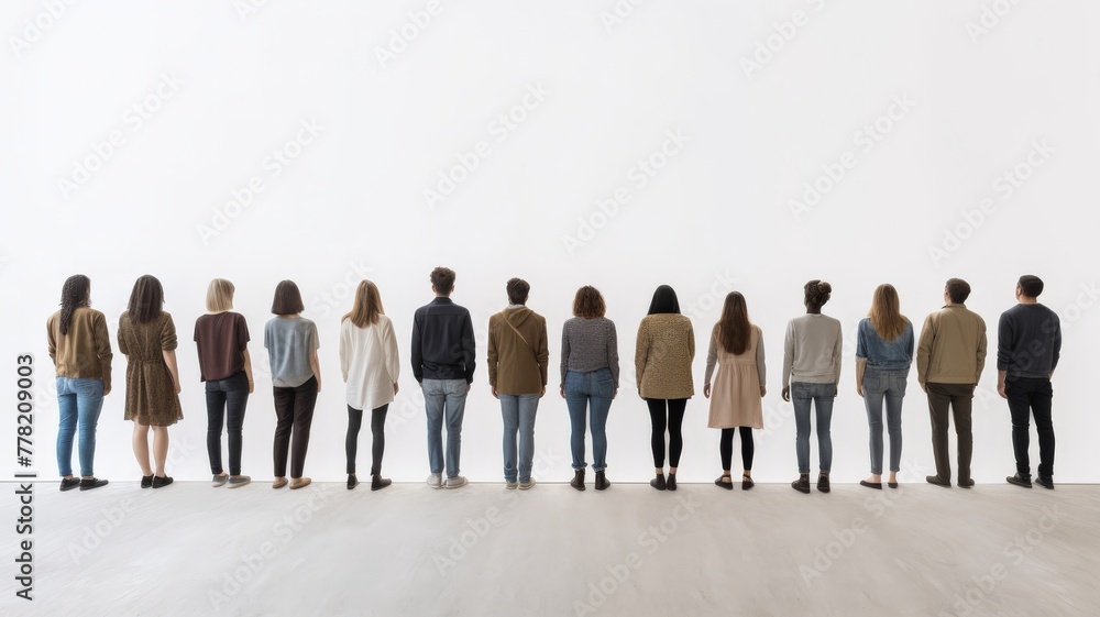 Diversity conception, People in casual clothes standing backside in a line against each other in front of a white wall. Diversity conception, People in casual clothes standing backside in a line against each other in front of a white wall.