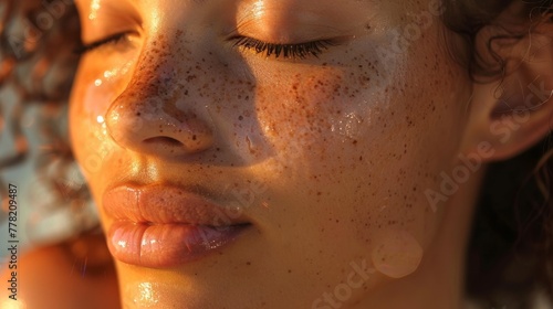 Beautiful woman face close up skincare with freckles face, skincare beauty concept.