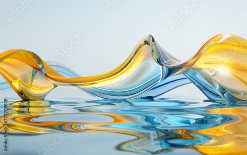 3d render abstract background. Transparent glossy glass ribbon on water. Yellow and blue colors curved wave in motion. Modern design element for banner background, wallpaper. Ukraine flag symbol