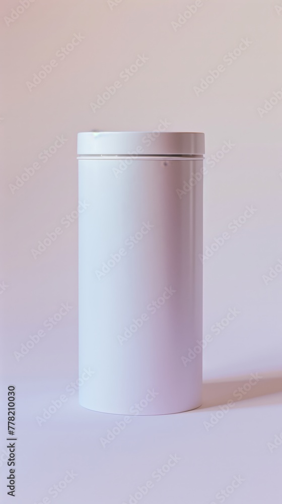 Minimalistic white cylindrical container on a soft pastel background. Minimalistic white cylindrical container on a soft pastel background.
