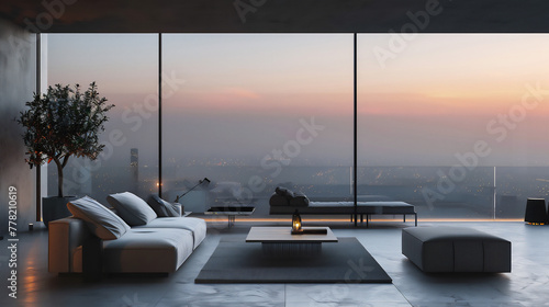 Blurred penthouse appartment background with beautiful soft light at dusk / dawn , interior workplace with cityscape for business presentation, AI generated