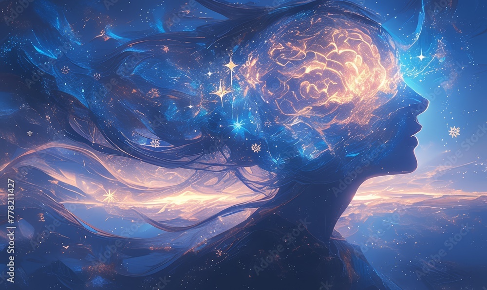 Human head with glowing brain against a dark blue background, glowing ...