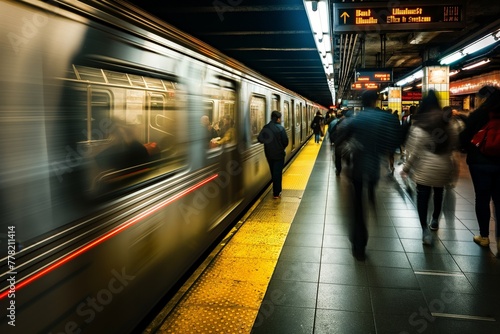 Passengers walk on a platform while a blurred train moves through a city's subway station, capturing the hustle of urban life.