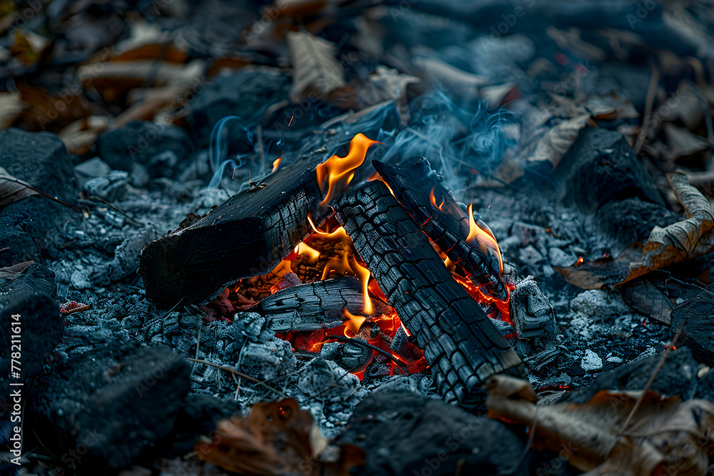 Close-up of a small campfire with vibrant flames engulfing pieces of wood, surrounded by ash and fallen leaves, depicting a cozy outdoor setting. Close-up of a small campfire with vibrant flames engulfing pieces of wood, surrounded by ash and fallen leaves, depicting a cozy outdoor setting.